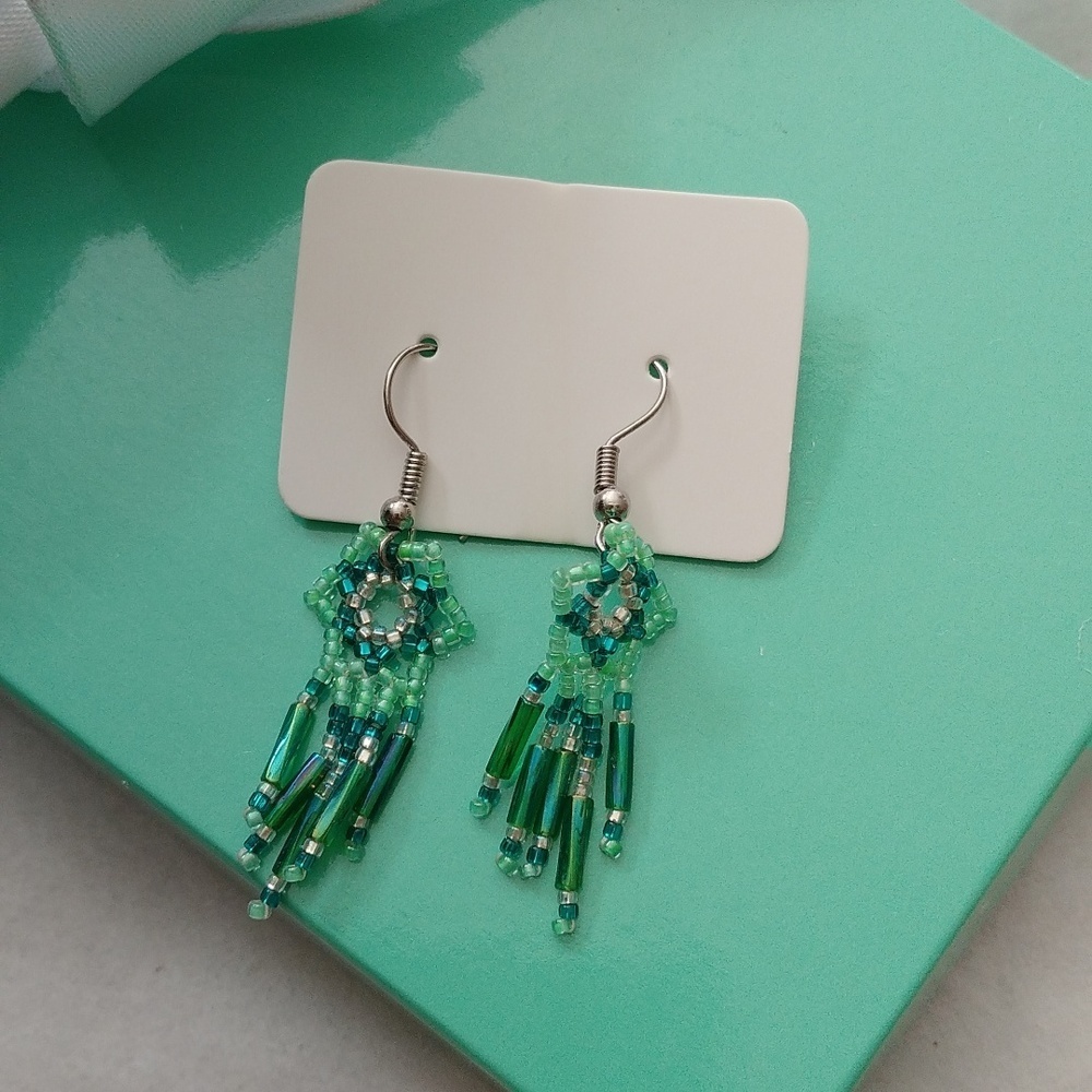 Navajo Elder Handmade Beaded Mint Teal Flower Dream Catcher Earrings